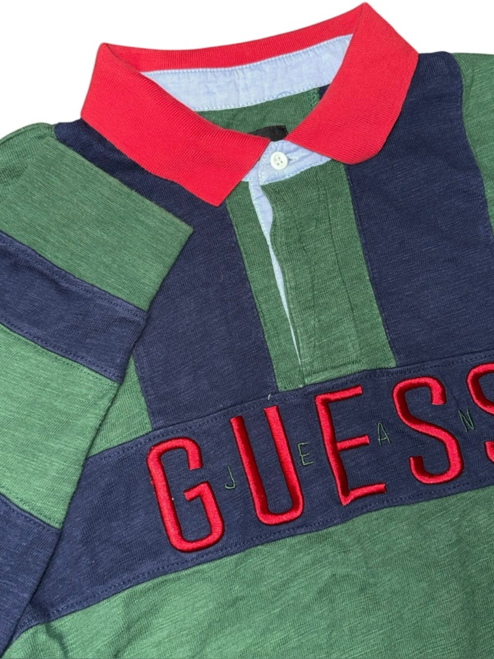 Guess Polo Rugby Shirt Mens Medium Green Navy Colorblock Striped Long Sleeve